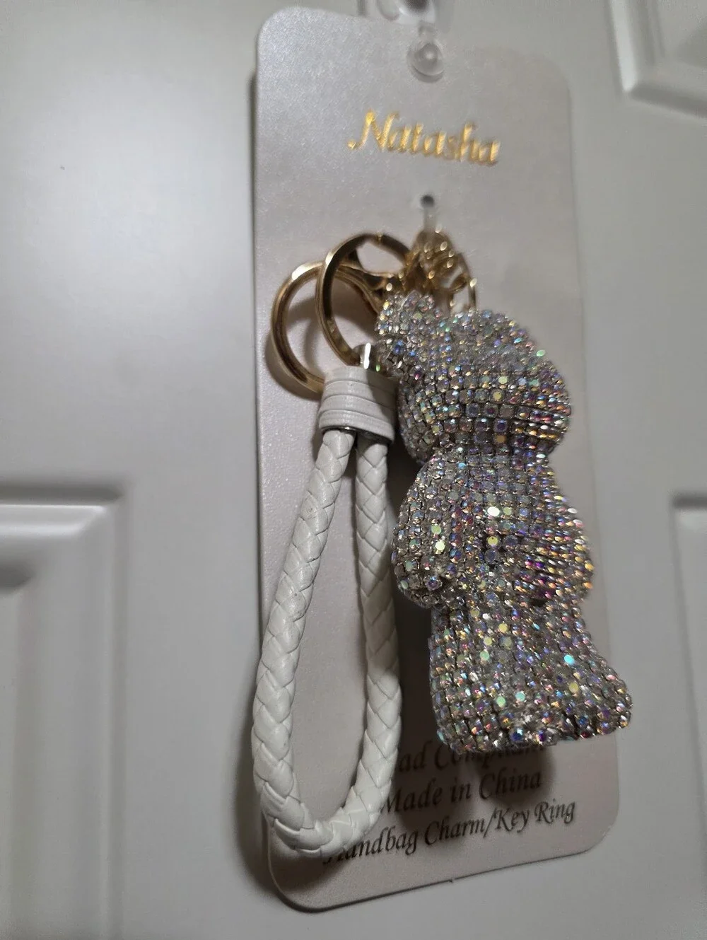 Viral Natasha Sparkling Rhinestones Bear Bag Charm/Key Ring with White Strap - Picture 4 of 6